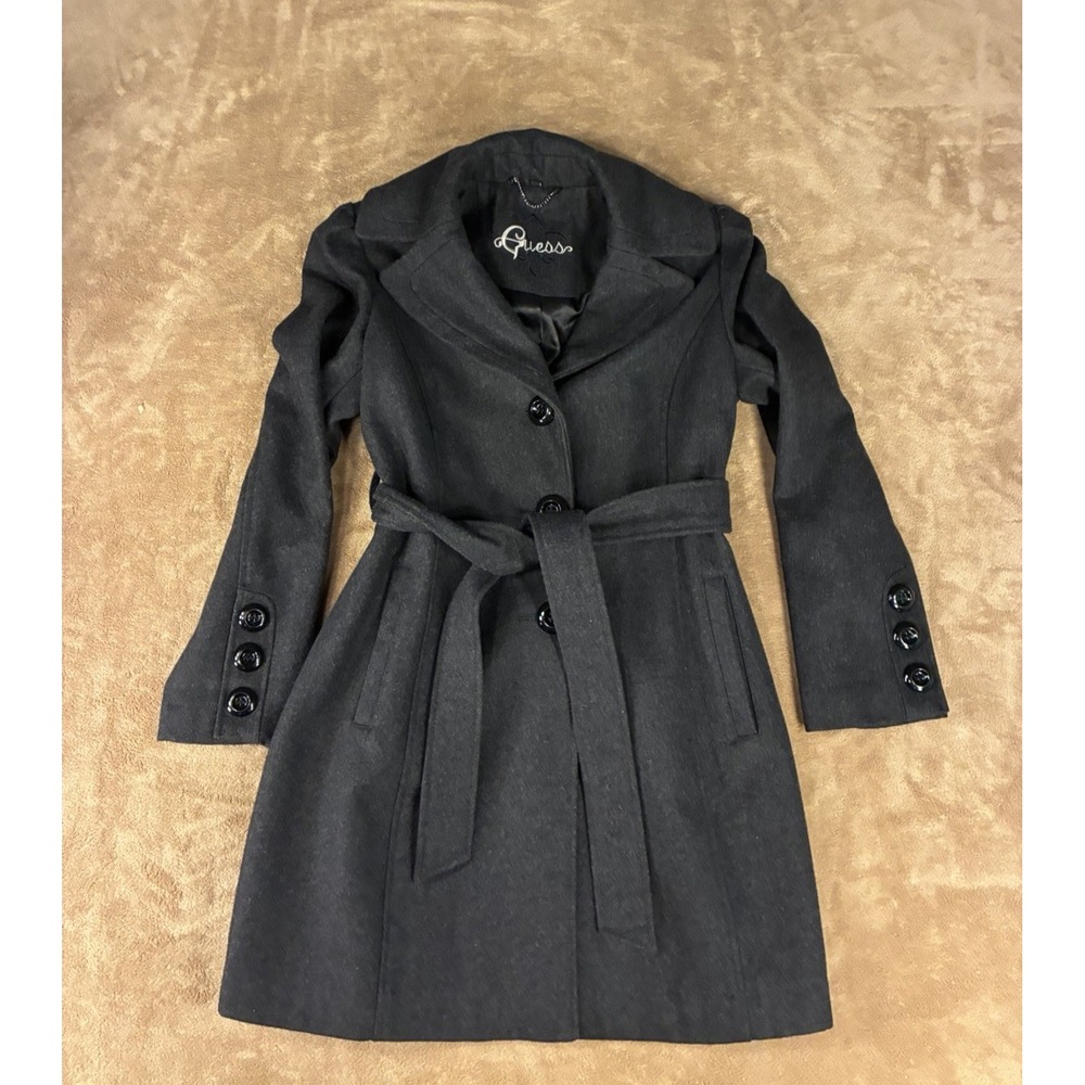 VTG Y2K GUESS Wool Blend Peacoat Winter Coat Womens PM Black Button Front Belted
